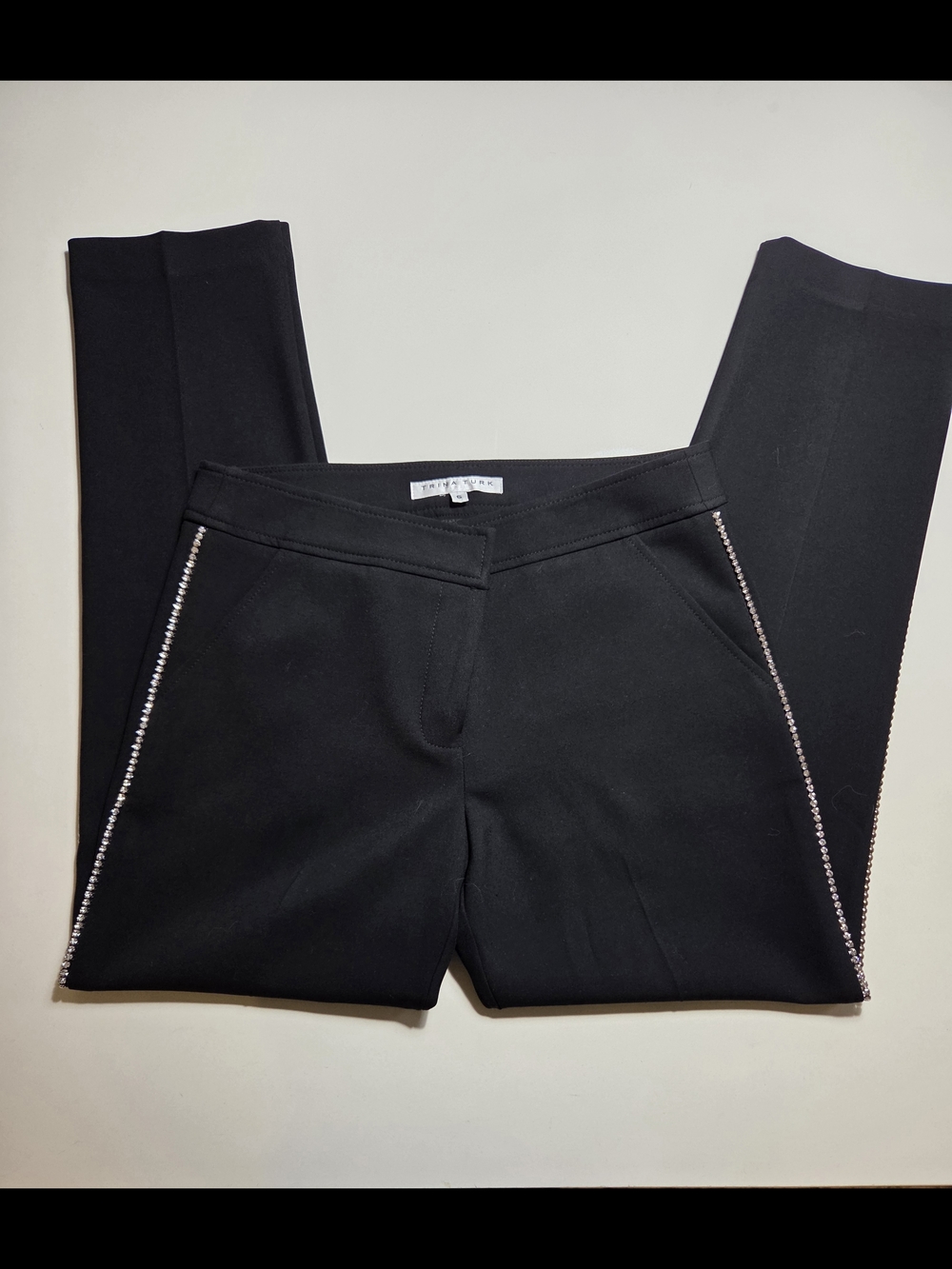 Trina Turk Black Rhinestone-Trim Ponte Pants - Size 6
